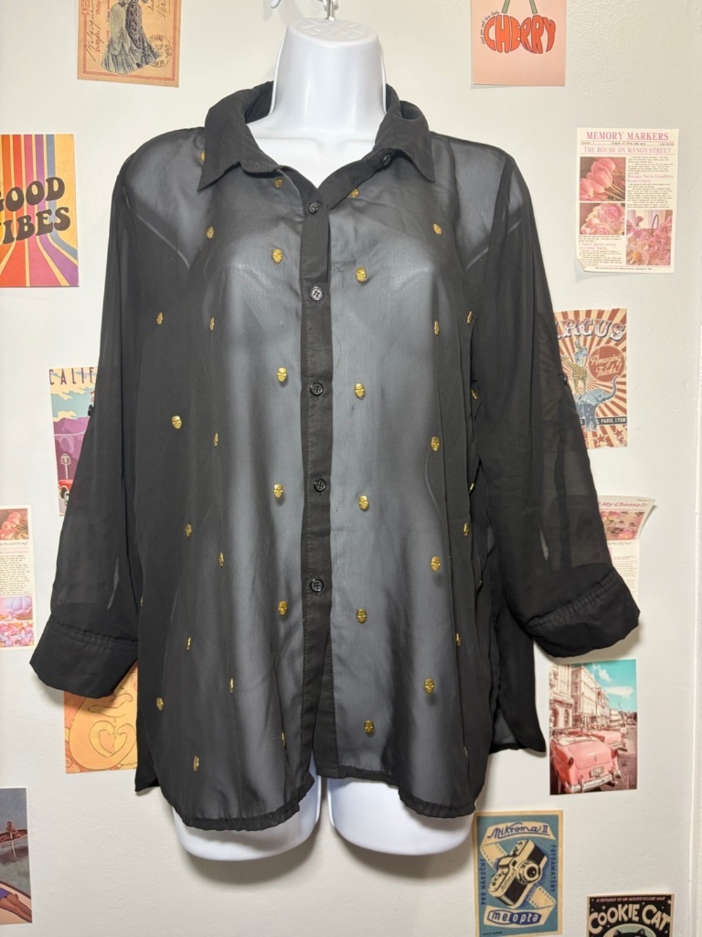 Almost Famous Sheer Black Blouse with Metallic Silver Logo Detail